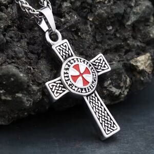 Silver & Red Cross Pendant Necklace Crusader Crusades Men's Christmas Birthday